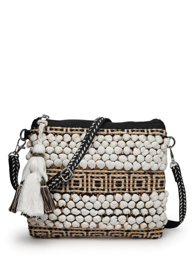 Anekaant Boho White, Black and Mustard Knot Stich Striped Canvas Dari Sling Bag - Image 1